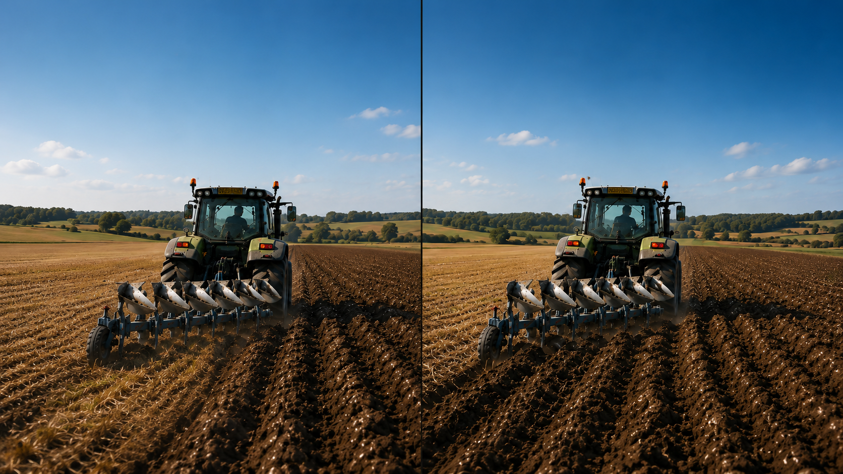Side-by-side tractor ploughing comparison illustrating standard and STEINBAUER performance under increasing load